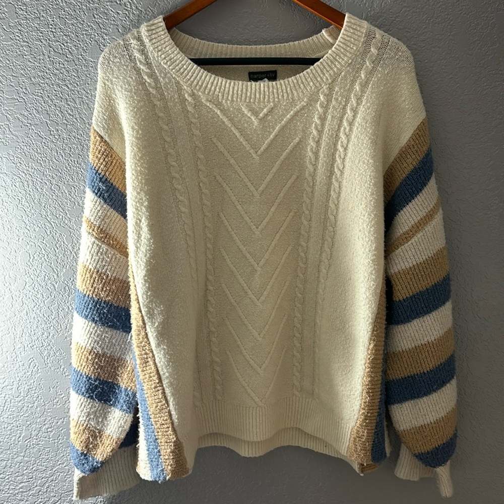 Harper & Liv Cream Knit Striped Crewneck Sweater